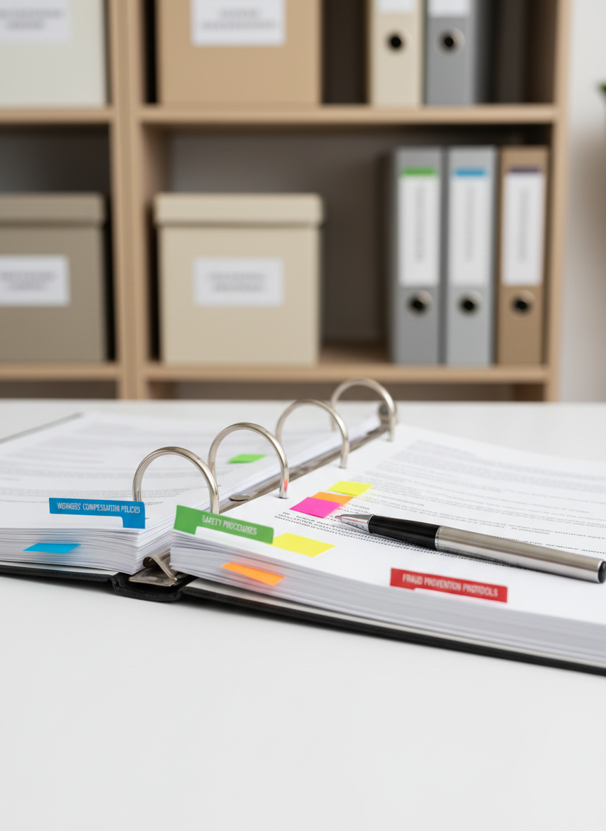 A close-up, photographic view of a thick, open binder on a clean white desk, its pages filled with neatly tabbed sections representing workers’ compensation policies, safety procedures, and fraud prevention protocols. A slim metal pen lies precisely across a page marked with colorful sticky flags. In the background, softly blurred shelves hold labeled archival boxes and a few upright binders, all in neutral tones. Soft overcast daylight filters in from an unseen window, creating gentle, even illumination with minimal shadows, evoking clarity and organization. The composition uses a shallow depth of field, with the tabs and pen in razor-sharp focus at the lower right on the rule of thirds, giving the image a professional, orderly mood suitable for a portfolio of industry insights.