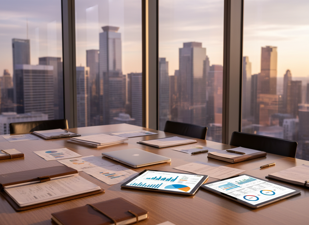 A broad, polished oak conference table covered with neatly arranged documents, a closed silver laptop, and a sleek black tablet displaying a colorful dashboard of risk metrics, all seen in sharp photographic realism. The table sits in a high-floor corner office with floor-to-ceiling windows overlooking a modern cityscape of glass towers. Late afternoon natural light pours in, creating soft reflections on the devices and gentle shadows across the paper. The atmosphere feels analytical yet calm, conveying strategic oversight of workers’ compensation and risk management. Shot from a slightly elevated, three-quarter angle with a moderate depth of field, the foreground details crisp while the city beyond falls into a subtle bokeh, emphasizing informed decision-making in a complex system.