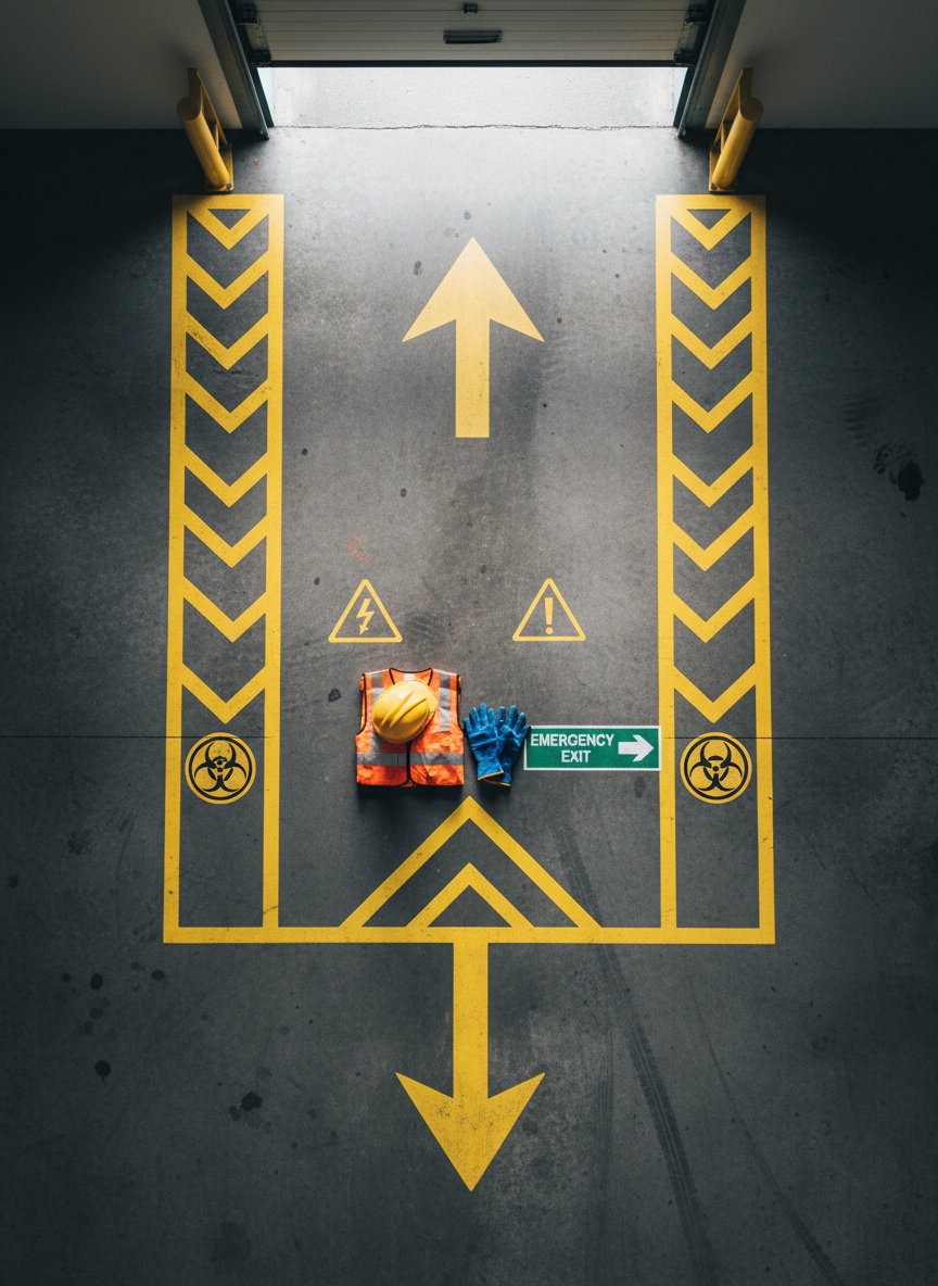 An overhead, photographic shot of a warehouse loading dock floor, where bright yellow safety lines, hazard symbols, and directional arrows create a precise geometric pattern against dark, slightly worn concrete. A high-visibility safety vest, hard hat, and pair of protective gloves are carefully arranged near a painted emergency exit sign, suggesting a focus on risk management and workplace safety practices without any people present. Natural daylight spills in from an open bay door at the top edge of the frame, casting long, soft-edged shadows that accentuate surface textures. The mood is practical and vigilant, with crisp detail and rich contrast. The composition is graphic and balanced, turning the scene into an abstract yet clearly industrial representation of thoughtful risk controls in action.