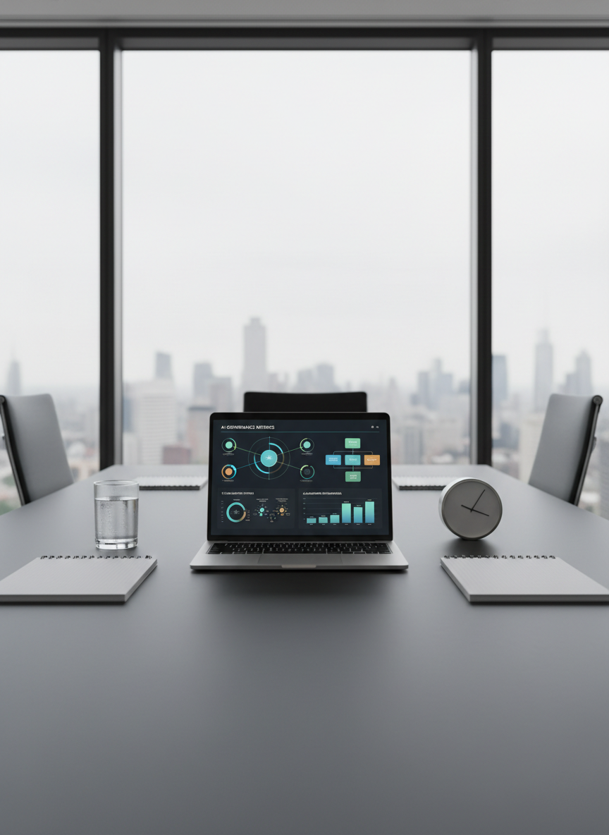 A sleek, ultra-modern boardroom table seen in photographic realism, with a single, open lightweight laptop at the center displaying a stylized data visualization of AI governance metrics, compliance status, and algorithmic risk indicators. Around the laptop, there are tidy stacks of blank notepads, a small frosted glass of water, and a minimalist metal clock, all arranged symmetrically on a matte charcoal tabletop. Large windows in the background reveal a softly blurred skyline under overcast skies, providing diffused, even light that eliminates harsh shadows. The mood is deliberate and contemplative, emphasizing strategic oversight of emerging technologies. Shot from a low, slightly off-center angle with moderate depth of field, the composition feels clean, modern, and professional, reinforcing the idea of simple, intelligible tools for managing complex systems.