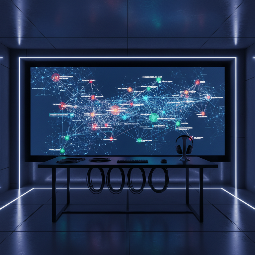 A large, wall-mounted digital display glowing in a dim, modern control room, showing an intricate network-style visualization of organizational risks, fraud alerts, and AI governance indicators rendered as colored nodes and connecting lines. Below it, a smooth matte-black console supports neatly coiled cables, a slim keyboard, and a pair of over-ear headphones resting on a stand. Cool, indirect LED lighting traces the edges of the room, casting a blue-toned glow that reflects off brushed metal surfaces. The mood is focused and high-tech, suggesting constant monitoring and early detection. Captured at eye level with a wide-angle lens, the image uses strong leading lines from the console to the central screen, creating a cinematic, photographic aesthetic that highlights the complexity of industry oversight without showing any people.
